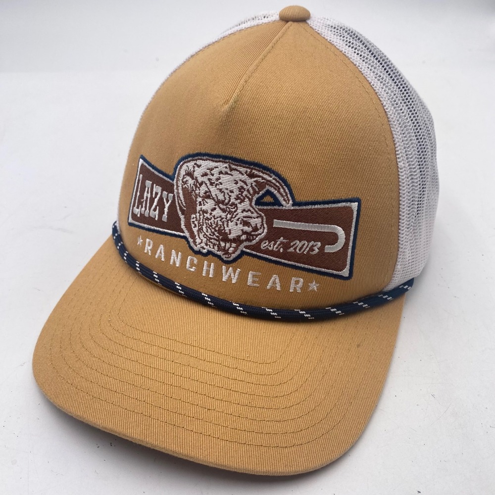 Lazy Ranchwear Yupoong Classics Trucker Hat OSFM Tan White Bull Patch Snapback